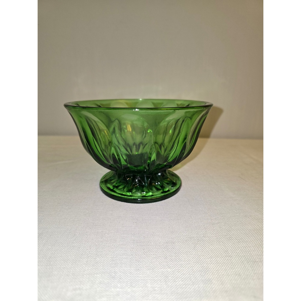 Glass Bowl Green Emerald Paneled Footed Dish OS Excellent